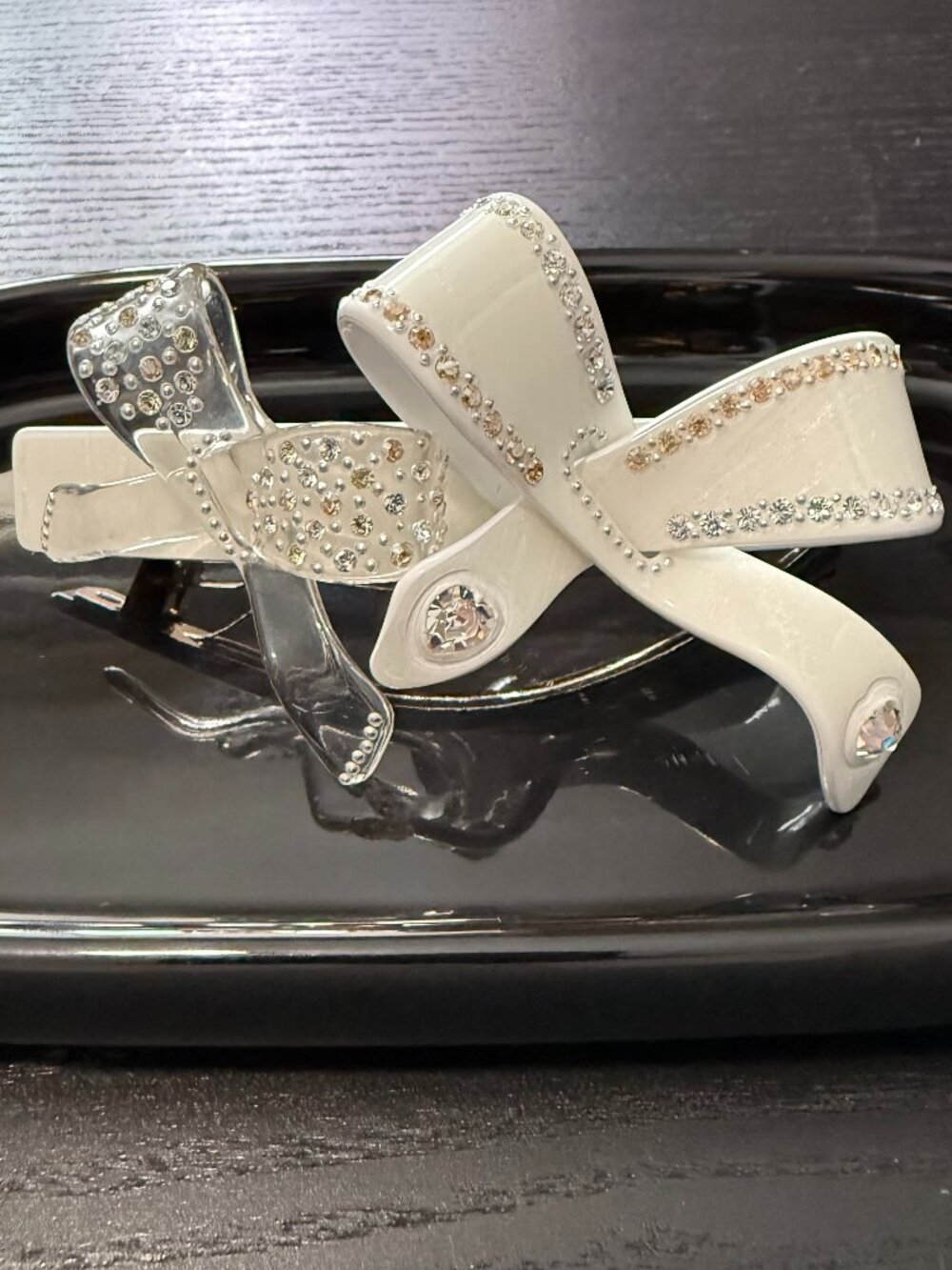 Alexandre Zouari Paris Swarovski Crystal Bow Barrette - White Ribbon Hair Clip
